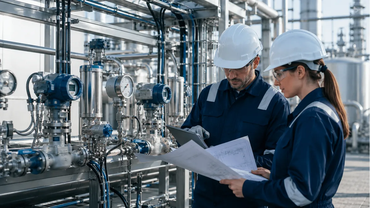 Engineers reviewing instrumentation and control system requirements